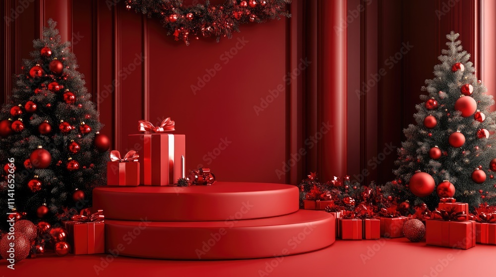 Poster a festive red room with a christmas-themed red podium, creating the ideal backdrop for showcasing pr