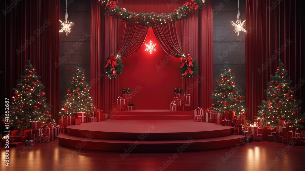 Poster a festive red room with a christmas-themed red podium, creating the ideal backdrop for showcasing pr