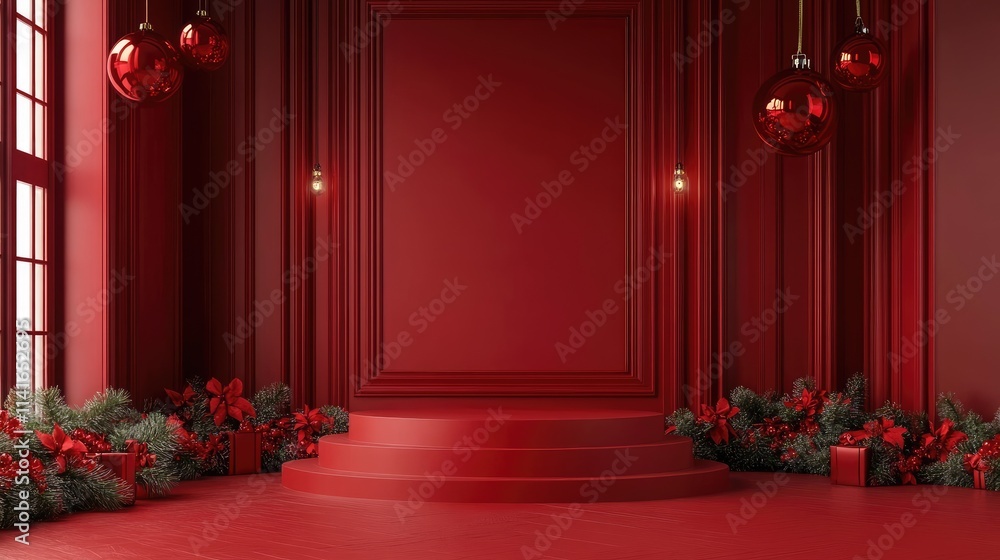 Poster a festive red room with a christmas-themed red podium, creating the ideal backdrop for showcasing pr