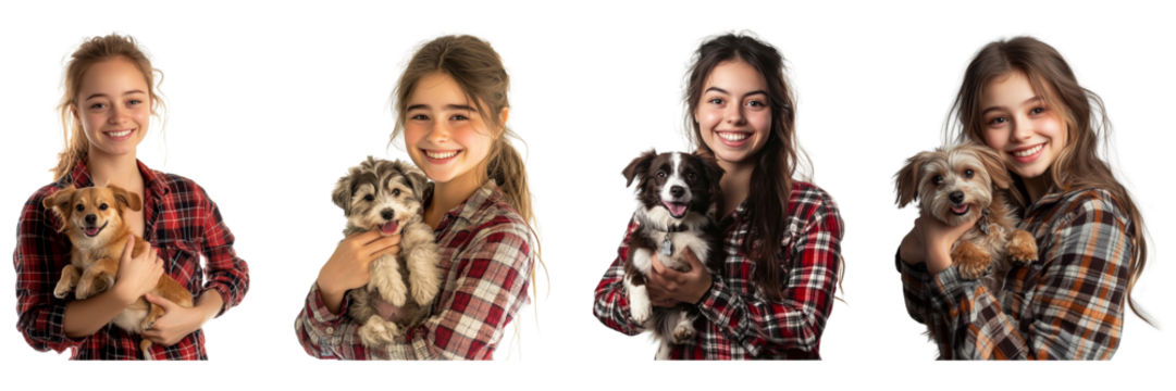 Set of girl in a plaid shirt holding a dog and smiling isolated on a transparent background
