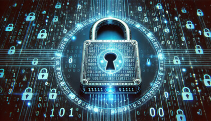 Fototapeta premium Digital lock sign, blue glowing background, personal data security technology illustration