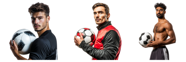 Set of man in a sports cloth holding a soccer ball with serious expression looking isolated on a transparent background