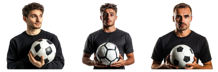 Set of man in a sports cloth holding a soccer ball with serious expression looking isolated on a transparent background