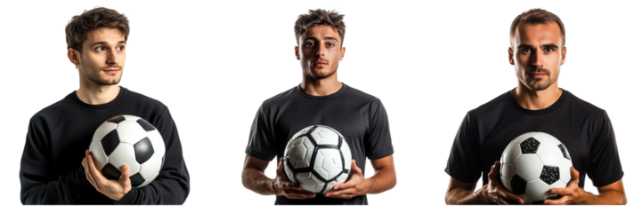 Set of man in a sports cloth holding a soccer ball with serious expression looking isolated on a transparent background