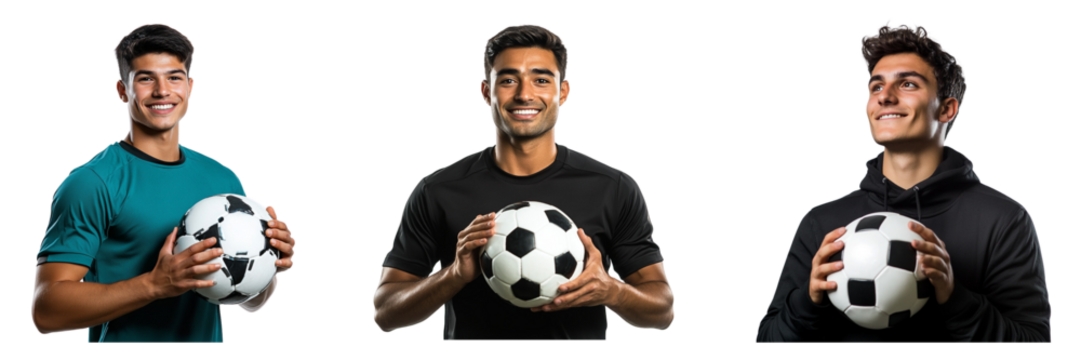 Set of man in a sports cloth holding a soccer ball and smiling isolated on a transparent background - Powered by Adobe