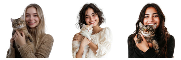 Set of woman holding a cat and smiling isolated on a transparent background