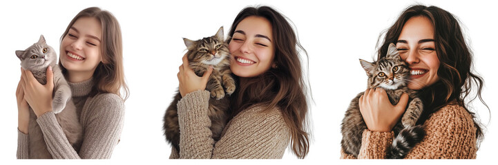 Set of woman holding a cat and smiling isolated on a transparent background