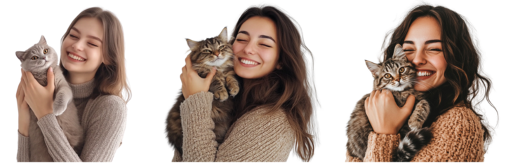 Set of woman holding a cat and smiling isolated on a transparent background