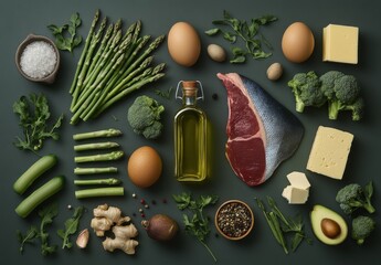 Vibrant Collection of Fresh Ingredients for Healthy Cooking Featuring Assorted Vegetables, Eggs, Meat, Cheese, and Oil on a Dark Background