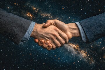 A close-up of two hands clasping in a handshake against a cosmic background, symbolizing unity and collaboration across diverse realms.