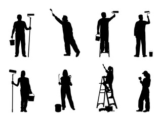 Set of House Painter Silhouette in various poses isolated on white background
