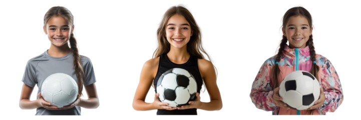 Set of young girl in a sports cloth holding a soccer ball with smiling isolated on a transparent background