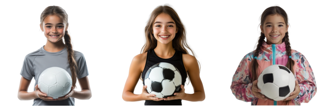 Set of young girl in a sports cloth holding a soccer ball with smiling isolated on a transparent background