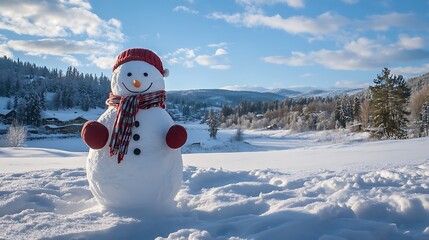 Obraz premium Snowman with a scarf and red mittens standing against a snow-covered landscape 