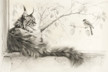 A detailed illustration of a cat gazing at a bird through a window.