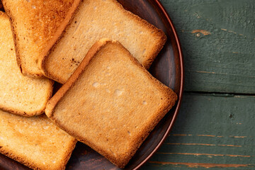Toast bread in a plate photography . Top view