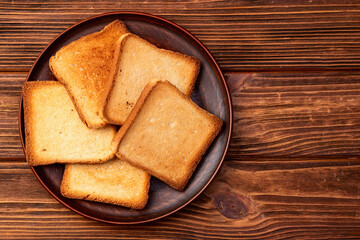 Toast bread in a plate photography . Top view