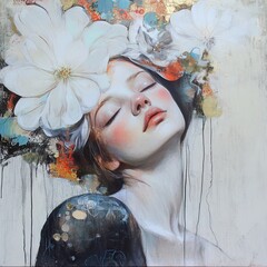 Serene Woman with Flowers: A Dreamlike Portrait
