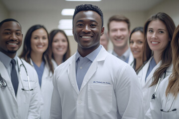 Fototapeta premium Generative AI illustration of cheerful diverse doctors in uniforms and stethoscopes standing in hospital while smiling and looking at camera