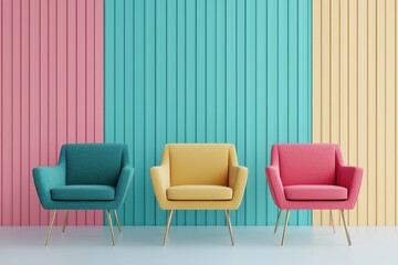 Minimal pastel ambiance concept. Colorful modern chairs against a vibrant, multicolored wall background.