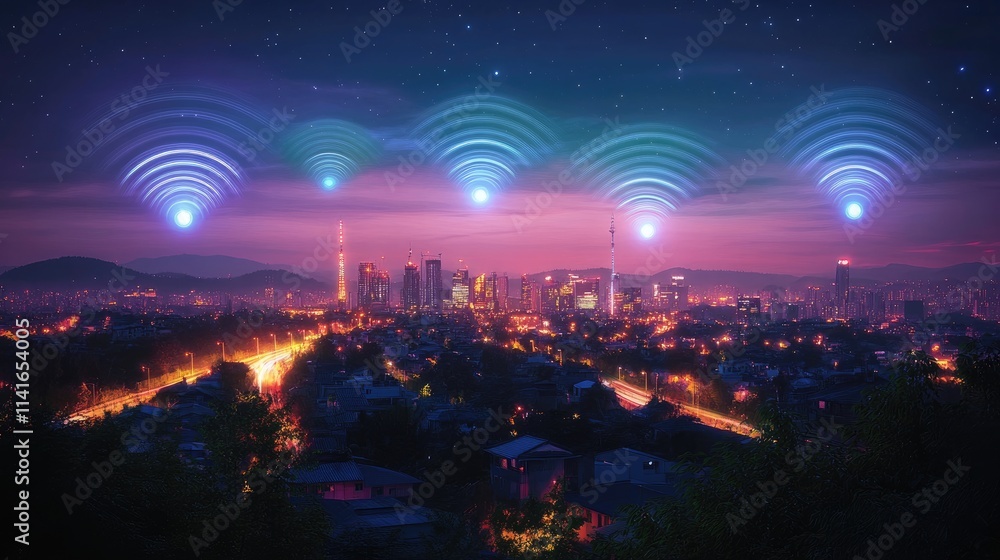 Poster a futuristic city illuminated by wireless signals, with a skyline representing the advanced connecti