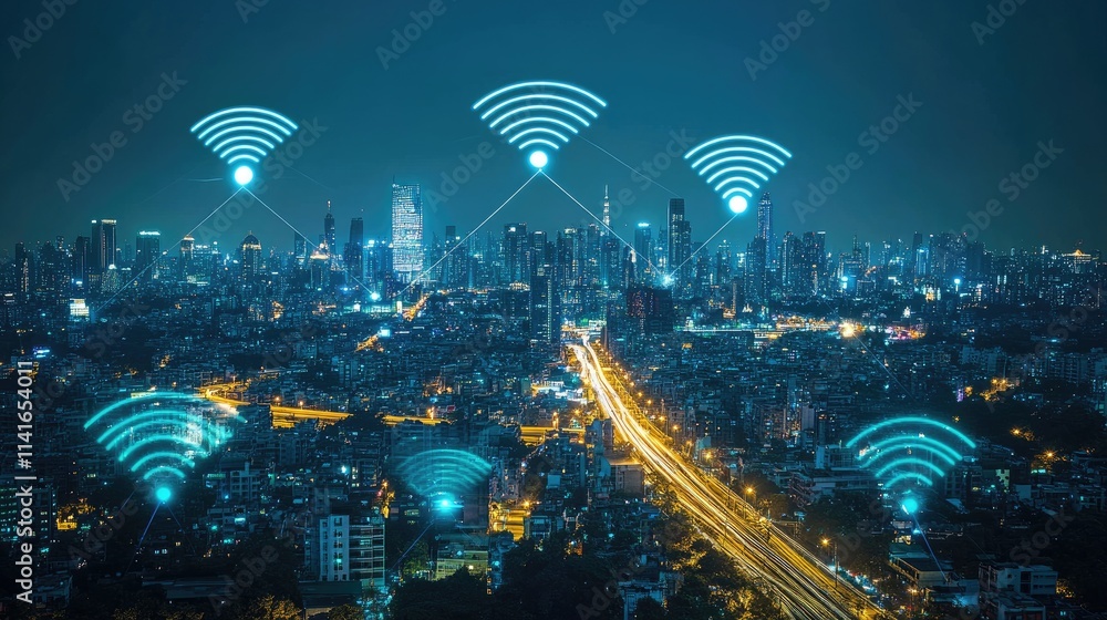 Poster a futuristic city illuminated by wireless signals, with a skyline representing the advanced connecti