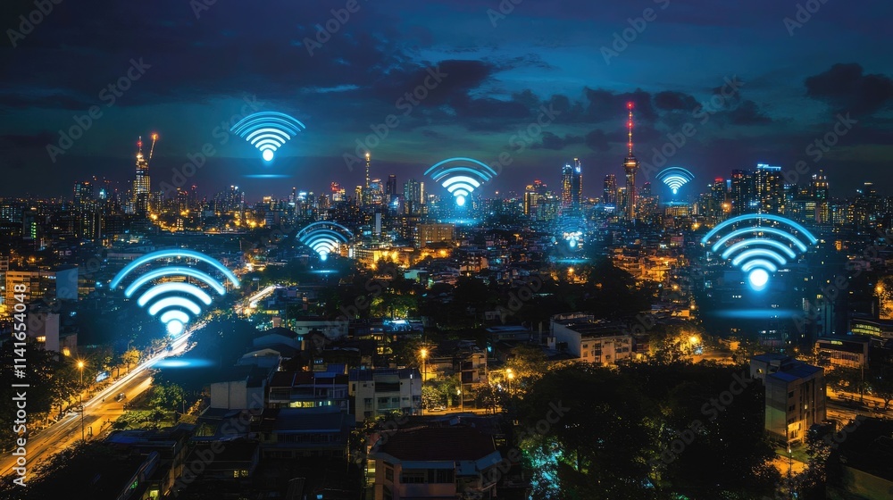 Poster a futuristic city illuminated by wireless signals, with a skyline representing the advanced connecti