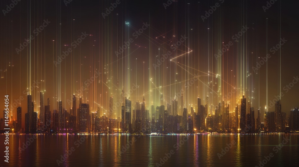 Poster a futuristic city skyline at night with illuminated connection lines, symbolizing the evolution of w