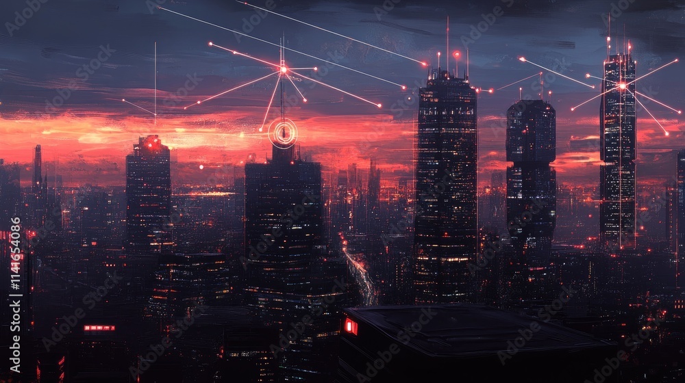 Poster A futuristic city skyline at night with illuminated connection lines, symbolizing the evolution of wireless communication networks and connectivity.