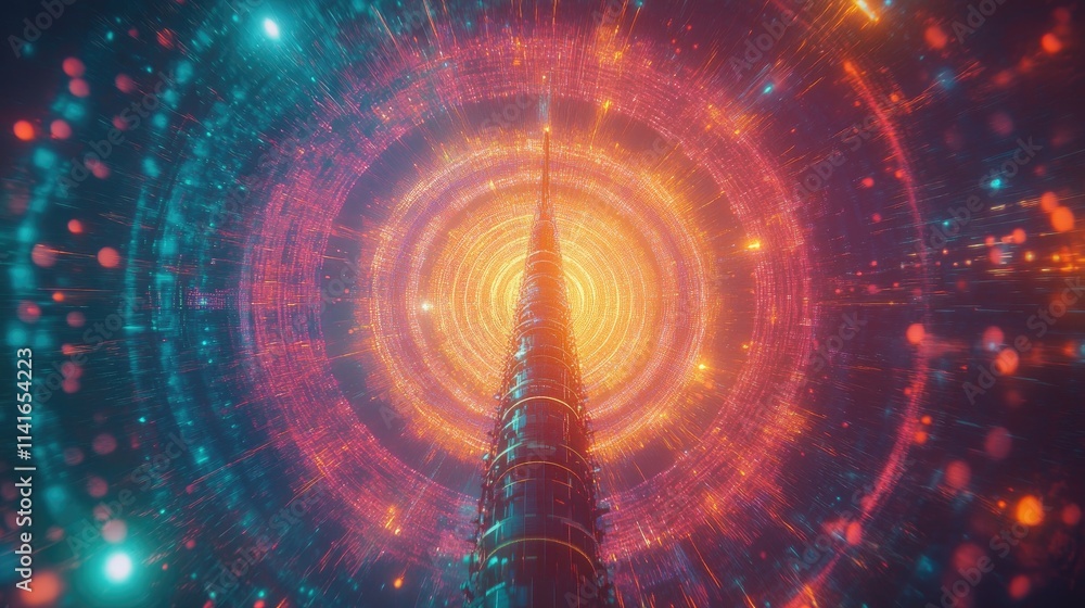 Poster a futuristic telecommunication tower surrounded by digital waves, illustrating the transformative po