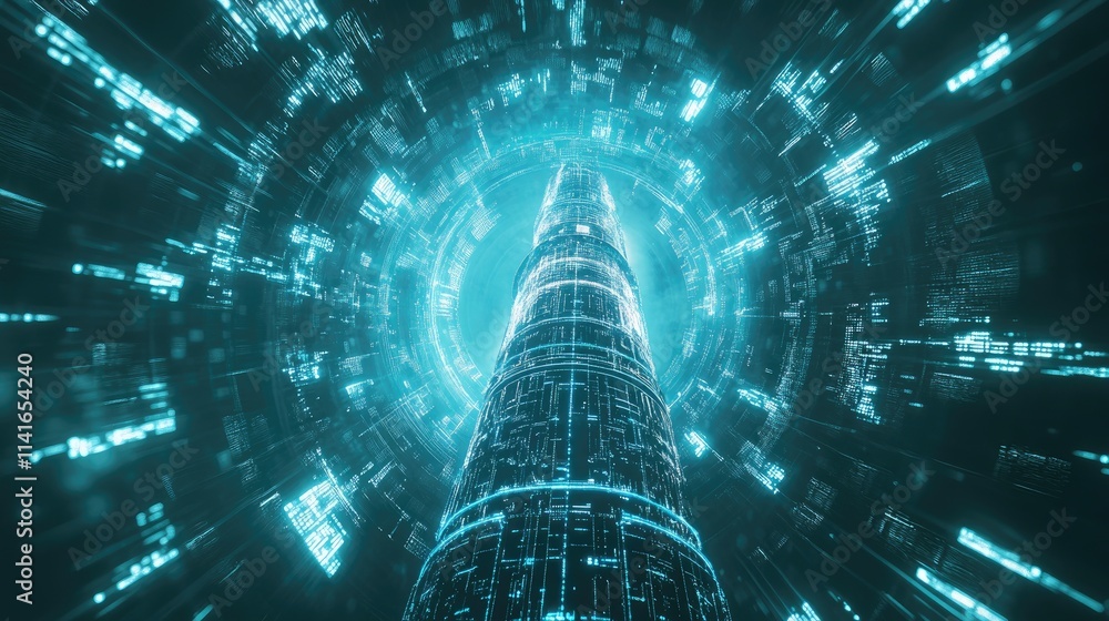 Poster A futuristic telecommunication tower surrounded by digital waves, illustrating the transformative power of 5G networks and global connectivity.