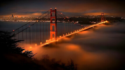 Obraz premium Golden Gate Bridge Night Fog Cityscape