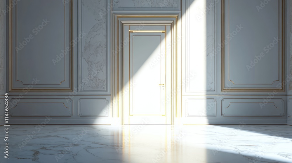 Poster a glowing light from an open door, illuminating an empty room with pristine white marble floors and 