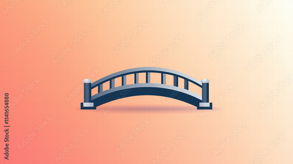 Poster metallic gray bridge icon over warm orange gradient background, symbolizing connection and structure
