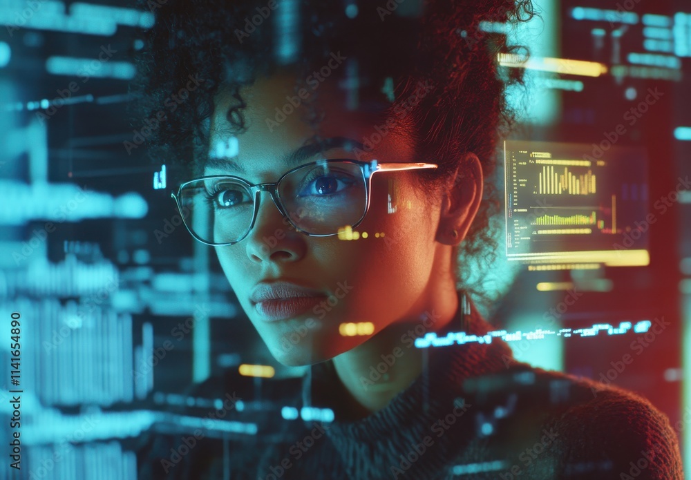 Poster young woman analyzing digital data on interactive screen with graphs and charts in modern tech envir