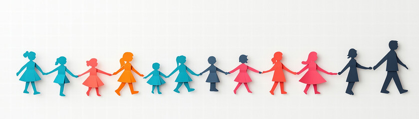Colorful paper dolls holding hands in vibrant chain, showcasing unity and diversity. design features various silhouettes of children and adults, emphasizing togetherness