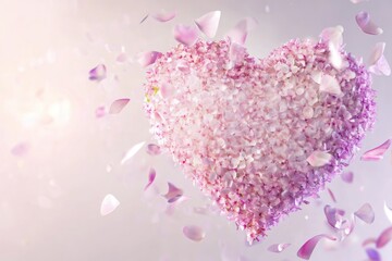 Obraz premium Glowing Pastel Pink Heart Made of Tiny Flowers with Falling Petals for Romantic Decor