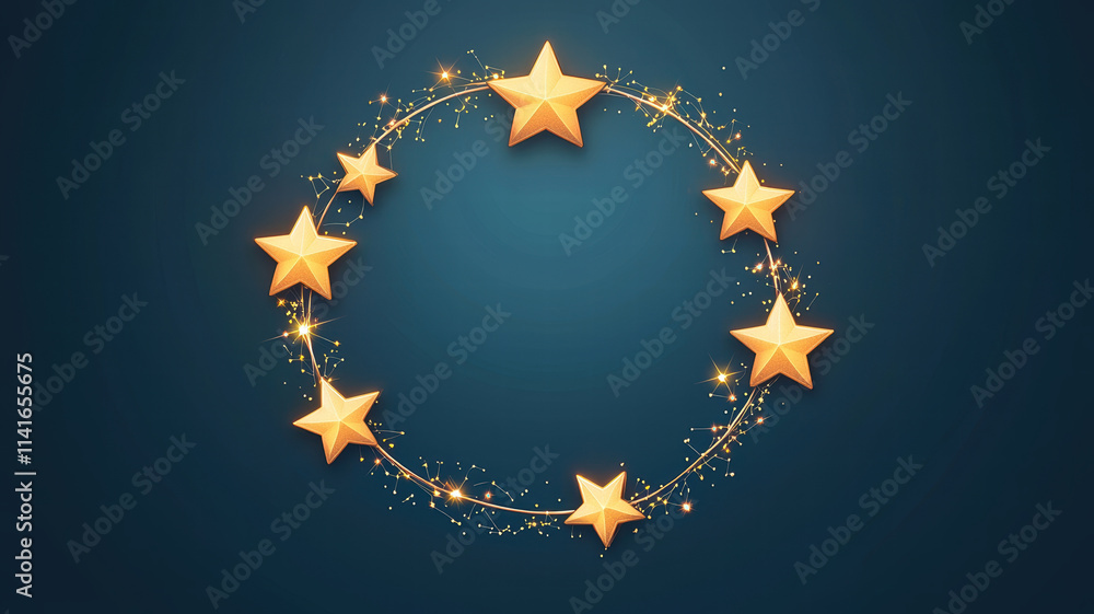 Poster golden stars arranged in circular pattern with sparkling effects create magical atmosphere. this des
