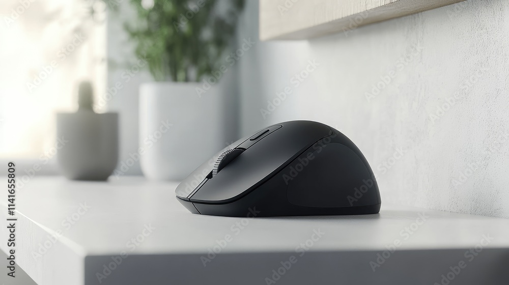 Poster a high-resolution image of a black wireless mouse on a white background, ideal for tech product cata
