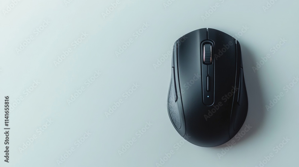 Poster a high-resolution image of a black wireless mouse on a white background, ideal for tech product cata