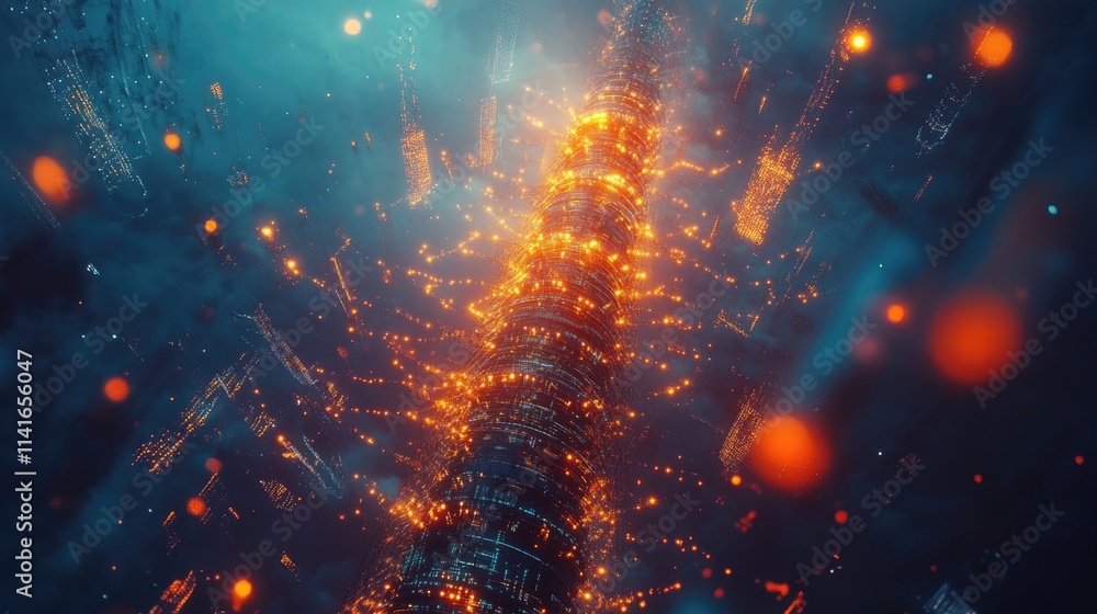 Poster A high-tech telecommunication tower surrounded by glowing data waves, representing the connectivity revolution powered by 5G and AI technology.