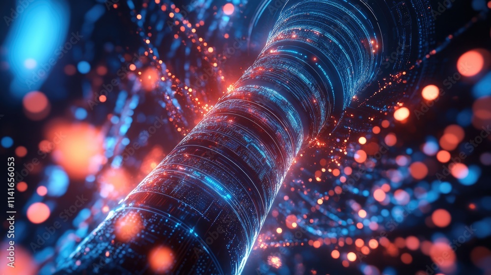 Poster A high-tech telecommunication tower surrounded by glowing data waves, representing the connectivity revolution powered by 5G and AI technology.
