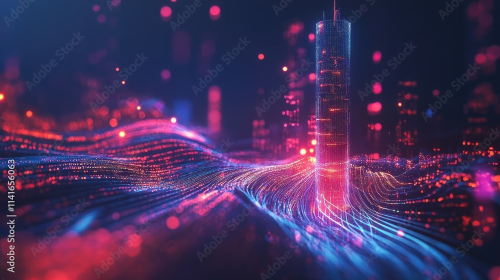 Poster A high-tech telecommunication tower surrounded by glowing data waves, representing the connectivity revolution powered by 5G and AI technology.