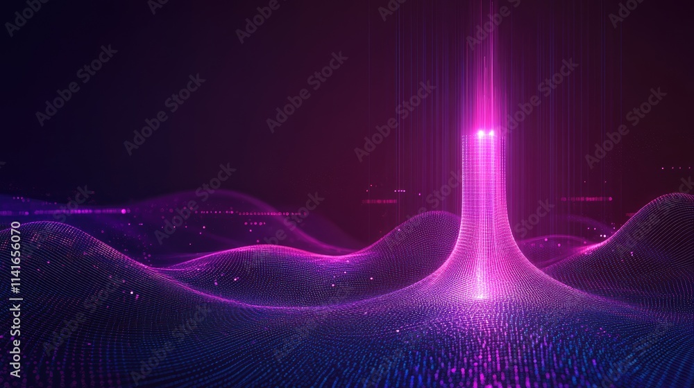 Poster A high-tech telecommunication tower surrounded by glowing data waves, representing the connectivity revolution powered by 5G and AI technology.