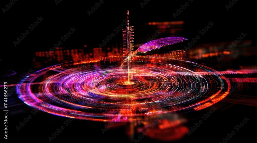 Poster A hologram of data lines surrounding a signal antenna, symbolizing communication and broadcasting in the digital age.