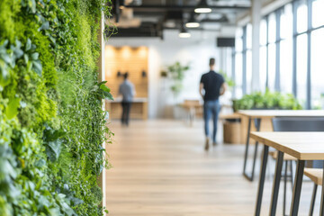 Close-up of a green living wall in a modern office interior, with people walking by in the blurred background. The scene is illuminated by natural light. 