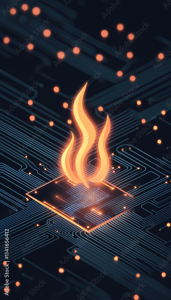 Aufkleber flame symbolizing unity emerges from circuit board, representing technology and innovation. vibrant 