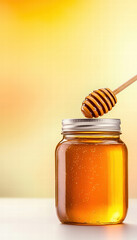 glass jar of honey with golden hues, showcasing its rich texture and sweetness, perfect for culinary uses or as natural remedy
