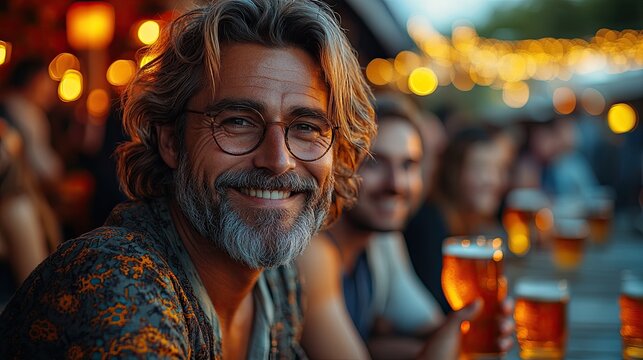 A man smiles while holding a beer at an outdoor bar with friends.