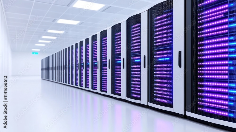 Poster a modern data center with illuminated server racks.